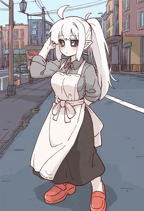 1girl, pale skin, white hair, long bang ponytail, pointed ears, blue eyes, black sclera, medium breasts,
hand on hair, ahoge, apron, red footwear, skirt, grey shirt,
street, front view,
<lora:automatic8IL-style:1>, automatic8