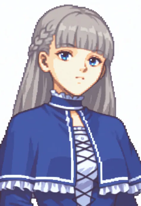 masterpiece, best quality, white background, looking the viewer,   <lora:FEGBA-PortraitsV2-illus_Fp:0.8> portrait, pixel art, simple background, upper body,  <lora:Lawine v2:1> 1girl, long hair, blue eyes, braid, grey hair, blunt bangs, blue dress, long sl...