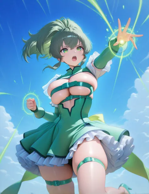 masterpiece,best quality,higres illustration,detailed face,1girl,<lora:beltsandstrapsIL:1>,belts,skindentation,upper body,center opening,magical girl,dress,frills,magic effects,sky,fighting,floating,open mouth,green ponytail,high heels,