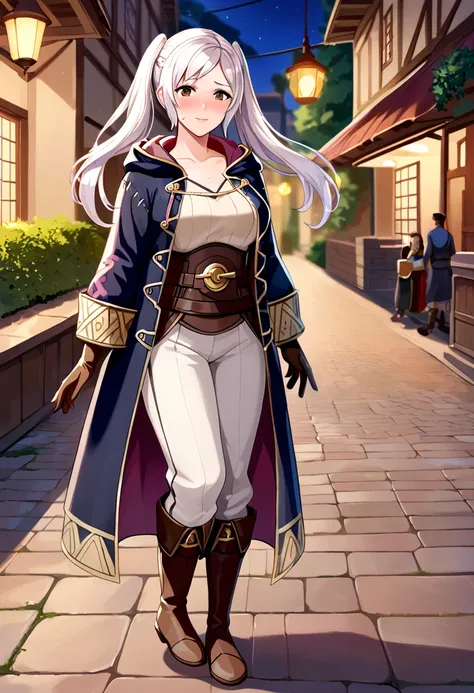 score_9, score_8_up, score_7_up, score_6_up, source_anime,medieval, outdoors,street_background,village,night,
<lora:femaleRobin_def:1>,RobinF_def, robin (female) (fire emblem),twintails, white hair, long hair, brown eyes,brown gloves,robe, pants, long slee...