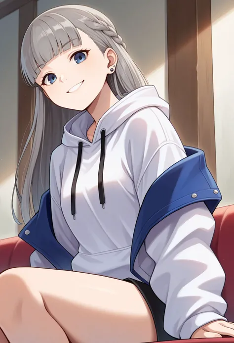 masterpiece, best quality, looking the viewer,  <lora:Lawine v2:1> 1girl, long hair, blue eyes, braid, grey hair, blunt bangs, e jacket, jewelry, looking at viewer, piercing, sitting, solo, stud earrings, white hoodie, smile