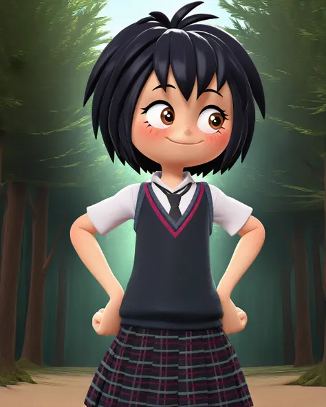 masterpiece, best quality, ninjala, 3d, 1girl, solo, female child, peniparker, white shirt, black sweater vest, black necktie, black skirt, plaid skirt, portrait, smile, blush, hands on own hips, looking away, standing,(forest:1.2)