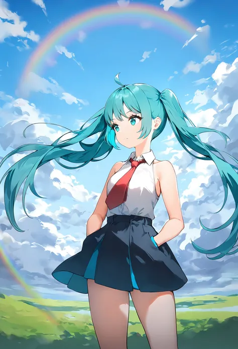 (1girl:1.1),
solo,dreamlike,outdoors,closed mouth,bare shoulders,necktie,shirt,aqua hair,aqua nails,cloudy sky,sleeveless shirt,twintails,floating hair,standing,very long hair,feet out of frame,white shirt,blue sky,rainbow,looking to the side,hands in pock...