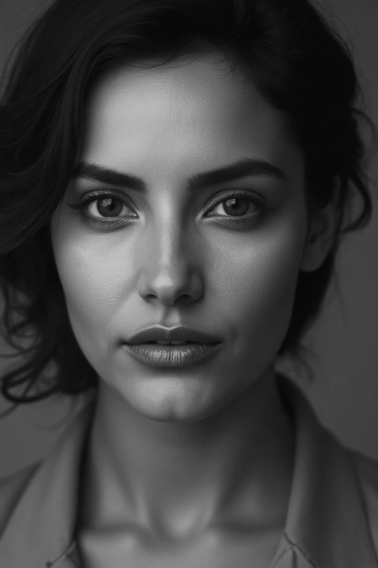portrait inspired by Peter Lindberghs photographic style of sophiaflx, a woman looking directly into the camera with an intimate and deep expression.  dark brown eyes. ** Lighting ** must be soft and natural,avoiding exaggerated perfection,and focusing on ...