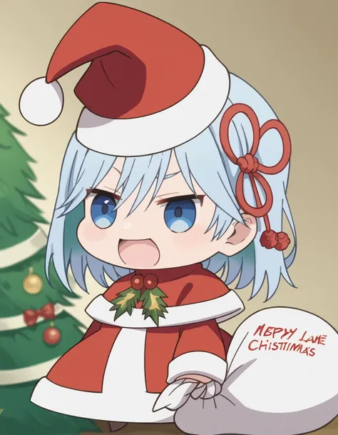 score_9, score_8_up, score_7_up, source_anime, <lora:asahi-amagami-s1-ponyxl-lora-nochekaiser:1>, asahi amagami, blue eyes, blue hair, white hair, hair ornament, anime screencap,, <lora:padoru-ponyxl-lora-nochekaiser:1>, padoru, padoru (meme), holding sack...