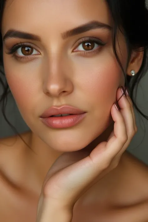 A high end beauty shot of a model with dramatic eye make up and subtle blush. Close up photo with a clean background. HD quality with skin details visible. Beautiful overhead beauty light lit with huge beauty dish. Dark brown eyes.