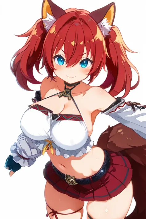 masterpiece, best quality, solo, curvy, beautiful eyes,zzTerara, red hair, fox tail, hair between eyes, asymmetrical gloves, bare shoulders, belt, black choker, black gloves, criss-cross halter, crop top, detached sleeves, fingerless gloves, fox tail, halt...