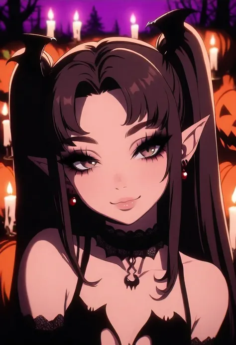 SHSLG, 1girl, 25 years old, close view, cute, petite, brown eyes, goth, brown hair, long hair, twintails, parted bangs, pointy ears, red earrings, jewelry, bat hair ornament, black choker, bat bra, halloween, candles, smile, portrait, face focus, detailed ...