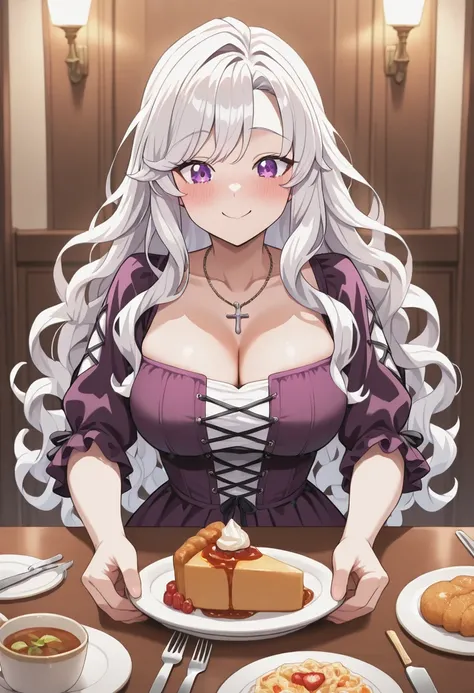 masterpiece,best quality,absurdres,perfect lighting,
*//*,<lora:AbigailFreidkin_Illustrious:1>,1girl,long hair,white hair,wavy hair,purple eyes,cleavage,dress,cross-laced clothes,necklace,jewelry, 
*//*,food,fork,knife,blush,plate,smile,