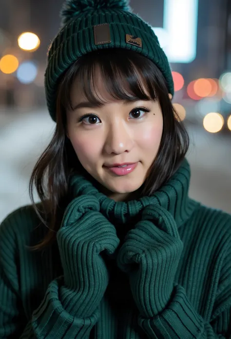 The image is a portrait of ShibuyaKaho woman posing for a photo ,She has short black hair,She is wearing a green sweater with a winter hat and winter gloves,She is outdoors in a snowy night. Upper body photo. She is looking at viewer. Amateur photography.S...