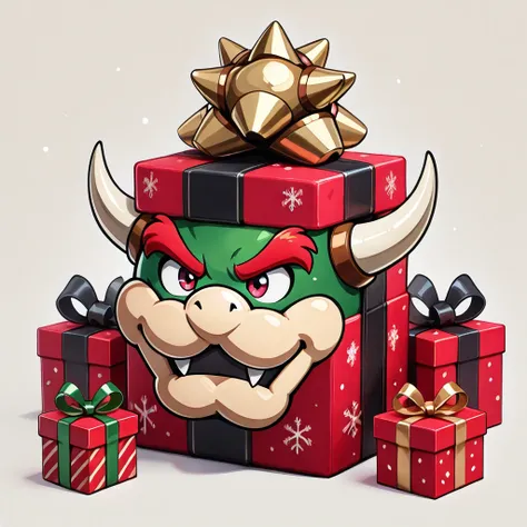 hol1d@yb0x Bowser head, festive, jolly, best quality, gift box, perfect quality, high quality, masterpiece,  <lora:HolidayBoxIllustrious:1>âââ