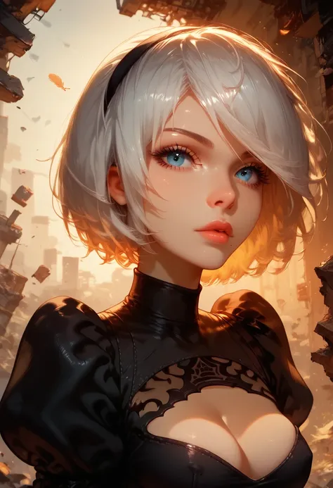 score_9, score_8_up, score_7_up, Western Comics, Portrait, yorha no. 2 type b, short white hair, black dress, hairband, clothing cutout, cleavage cutout, puffy sleeves, black hairband, feather-trimmed sleeves, juliet sleeves, mole under mouth, sunset, rubb...