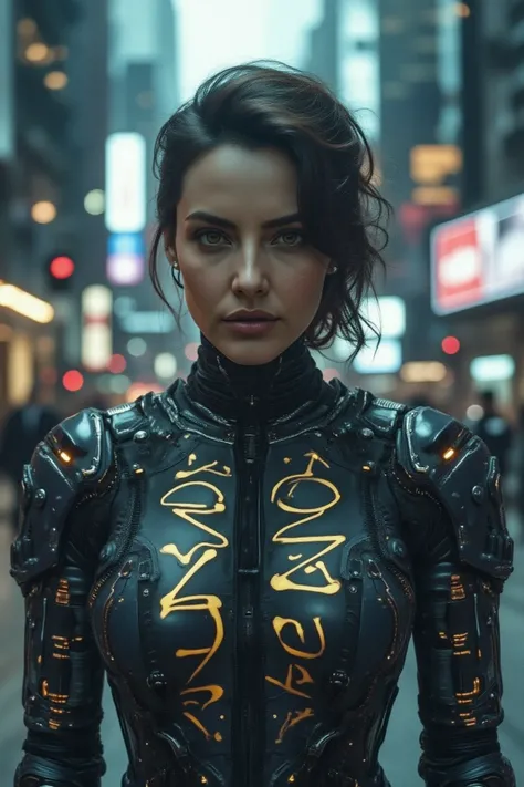 A futuristic femme fatale stands, her cybernetic robot attire glistening under soft even lighting. Her medium-bodied figure is centered in a medium-shot, as she locks eye contact with the viewer, her gaze piercing through the digital haze of the cityscape ...