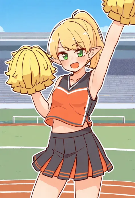 1girl,pointed ears, blonde, green eyes, flat breasts, short bang ponytail,
standing, showing herself, fully clothed:1.3, stadion, cowboy shot, cheerleader
<lora:automatic8IL-style:1>, automatic8