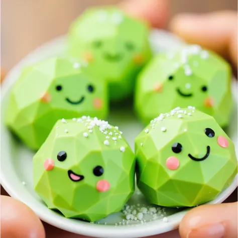 Low Poly style, a plate of happy green mochi balls with cute simple faces, they are giggling and smiling, some are blushing, they have powdered white sugar sprinkled on them