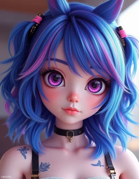 a women looking straight into the lens , ses cheveux sont  bleu, blanc et rouge <lora:HairColors-V1-Lora-0001:1> HairColors, cute, tiny, little chibi, kawai, furry, great face expression, dynamic pose, trending on artstation, cinematic, hyper realism, high...