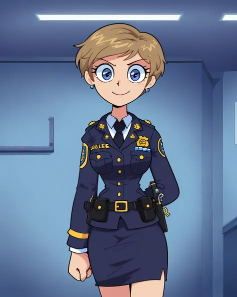 masterpiece, best quality, kimkrab, 1girl, solo, sxtopaz, police uniform, pencil skirt, smile, looking at viewer, police station