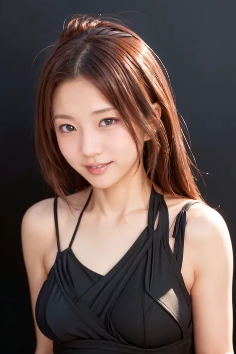 <lora:konan_kk:0.9>,1girl,smile,asian,brown eyes,breasts,black hair,lips,long hair,looking at viewer,sundress,realistic,solo,upper body ((black background, simple background)), konan,