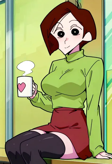 best quality, masterpiece, anime screencap, anime coloring, 1girl, solo, looking at viewer, hatogaya mitch, brown hair, short hair, black eyes, thighhighs, breasts, skirt, black thighhighs, cup, large breasts, sitting, sweater, mug, zettai ryouiki, red ski...