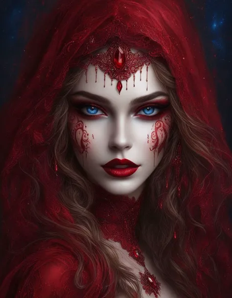 breathtaking ethereal fantasy concept art of  score_9, score_8_up, score_7_up,pony-dream, solo, 1girl, blood, red lips, looking at viewer, portrait, veil, makeup, lipstick, lips, red nails, blood on face, spot color, blue eyes, <lora:pony-dream:1> . magnif...