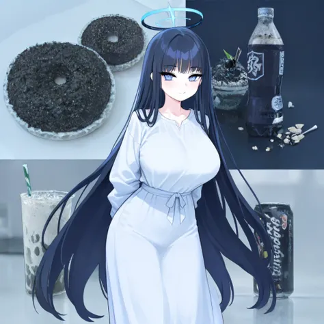 (masterpiece, high quality, amazing detail), highres, very awa, very aesthetic, absurdres, newest, year 2024, banned artist,
sensei (blue archive), blue archive 1girl, long hair, very long hair, black hair, large breasts, halo, long sleeves, food and drink...