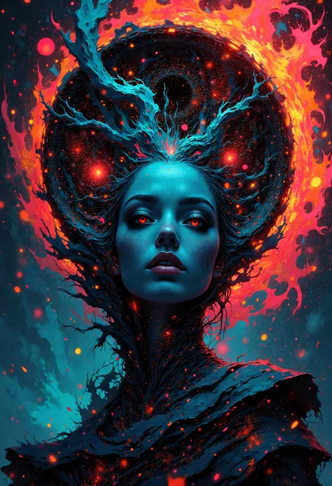 (A female void walker, form flickering between existence and nothingness, eyes reflecting the infinite expanse of the void, clad in a swirling cloak of pure darkness and shadow, composed in an abstract cosmic style with black holes and collapsing stars, we...