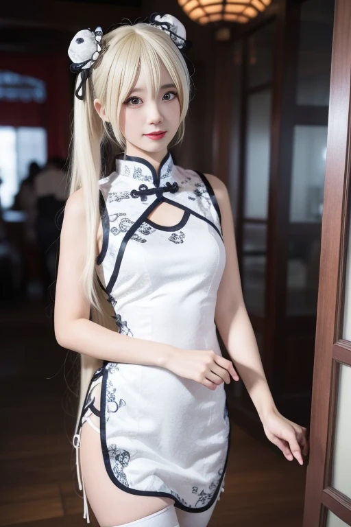 ltra-detailed,highly detailed,best quality,masterpiece,illustration, drawing, realistic, photorealistic,
sora,
1girl, solo, cosplay,
qipao, china dress, chinese clothes, 
very long hair, twintails, blonde hair, hair bun, bun cover, hair ornament, double bu...