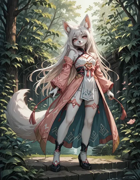 score_9,score_8_up,score_7_up,
outdoors,
full body,seductive smile,parted lips,long eyelashes,pose,standing, 
<lora:Kytsune_v01_PDXL:1>,Kytsune,1girl,solo,furry female,fox girl,fox ears,animal ear fluff,fox tail,white hair,long hair,pink eyes,body fur,whit...