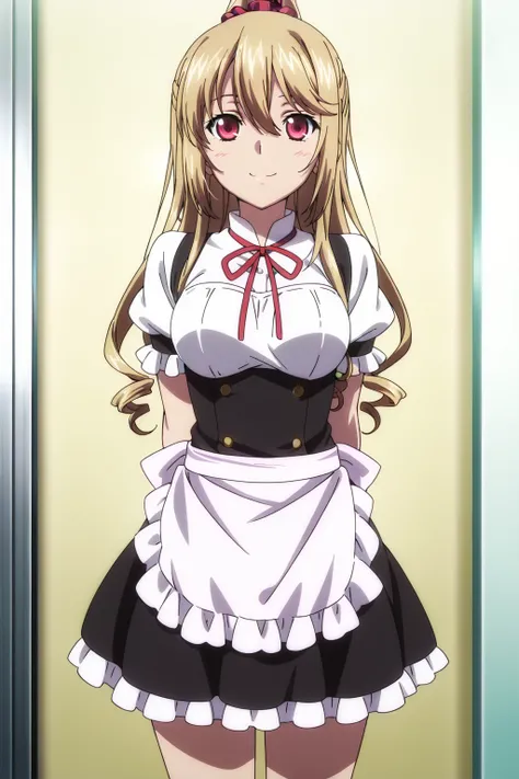 anime screenshot, strike the blood, 1girl, solo, aiba asagi, blonde hair, long hair, drill hair, ponytail, high ponytail, hair scrunchie, red scrunchie, hairclip, red eyes, medium breasts, maid, black dress, white dress, two-tone dress, frilled dress, shor...