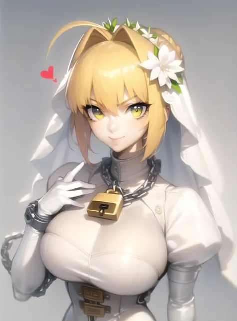 score_9, score_8_up, score_7_up, source_anime, rating_questionable, 1girl, nero claudius (bride) (fate), nero claudius (fate), contrapposto, huge breasts, bodysuit, bridal veil, c:, chain, closed mouth, gloves, hair intakes, hand up, heart, lock, looking a...