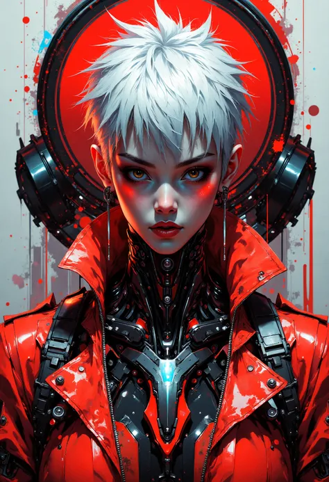 masterpiece, high-quality, A cybernetic woman in sleek red and black armor, her short white hair contrasting sharply with her intense gaze, Her armor is streamlined with metallic accents and a translucent larger image of herself looms behind as if showing ...