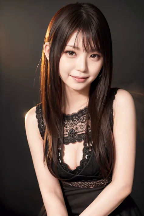 <lora:aya-eikura_kk:0.9>,1girl,smile,asian,brown eyes,cleavage cutout,breasts,black hair,lips,long hair,looking at viewer,lace dress,solo,upper body ((black background, simple background)),aya-eikura,lens flare,portrait, cowboy shot, thighs,