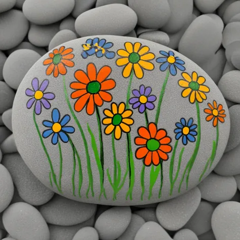 Happy stones. A painted oval stone, with colored flowers painted on it. Surrounded by dull grey pebbles.