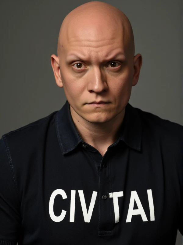 <lora:Noho_Hank:0.9> noho hank, a bald man with a badass attitude. He wears a "CIVITAI" shirt