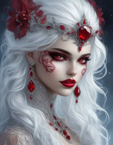 breathtaking ethereal fantasy concept art of  score_9, score_8_up, score_7_up,pony-dream, 1girl, solo, jewelry, gem, makeup, earrings, red eyes, blood, eyelashes, long hair, spot color, from side, profile, red gemstone, portrait, white hair, red lips, hair...