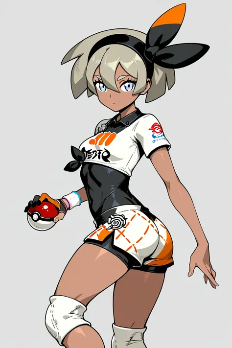 masterpiece, best quality, 1girl, solo, eyelashes, (beautiful eyes),   1girl, solo, breasts, looking at viewer, short hair, bangs, blue eyes, shirt, gloves, holding, hair between eyes, closed mouth, ass, short sleeves, grey hair, hairband, shorts, dark ski...