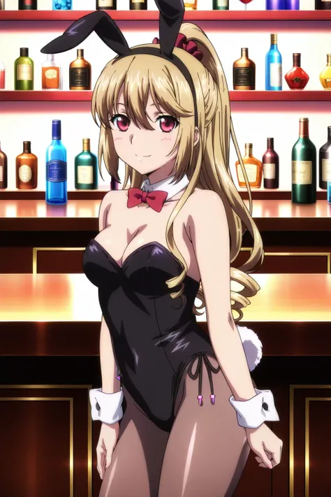 anime screenshot, strike the blood, 1girl, solo, aiba asagi, blonde hair, long hair, drill hair, ponytail, high ponytail, hair scrunchie, red scrunchie, red eyes, medium breasts, playboy bunny, black leotard, strapless leotard, detached collar, red bowtie,...