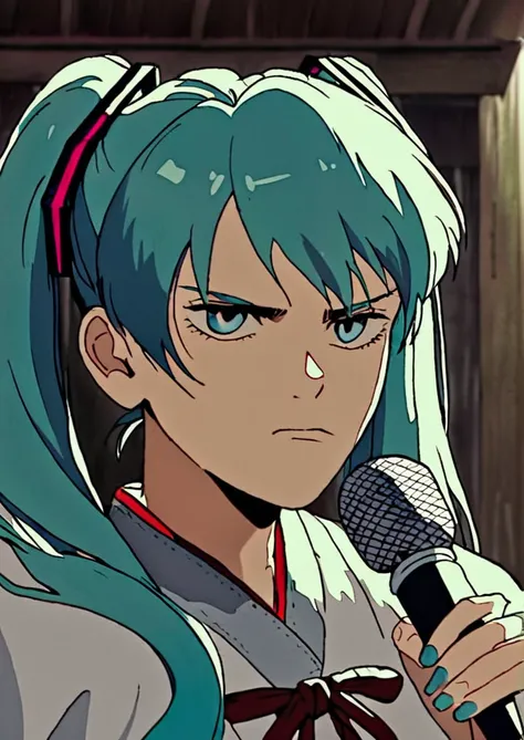jjk_style, score_8_up, score_7_up, retro artstyle, source_manga, rating_safe, 1girl, hatsune miku, green twintails, holding microphone, upper body, <lora:ROCKET_ENGINE_VALVE_-_Dandadan_-_Pony:0.8>, rocketenginevalve face, hiroshiabe face, break, outdoors, ...