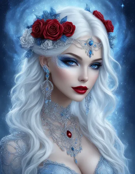 breathtaking ethereal fantasy concept art of  score_9, score_8_up, score_7_up,pony-dream, 1girl, solo, jewelry, flower, blue eyes, earrings, hair ornament, makeup, necklace, breasts, red lips, lipstick, rose, white hair, hair flower, pale skin, cleavage, l...