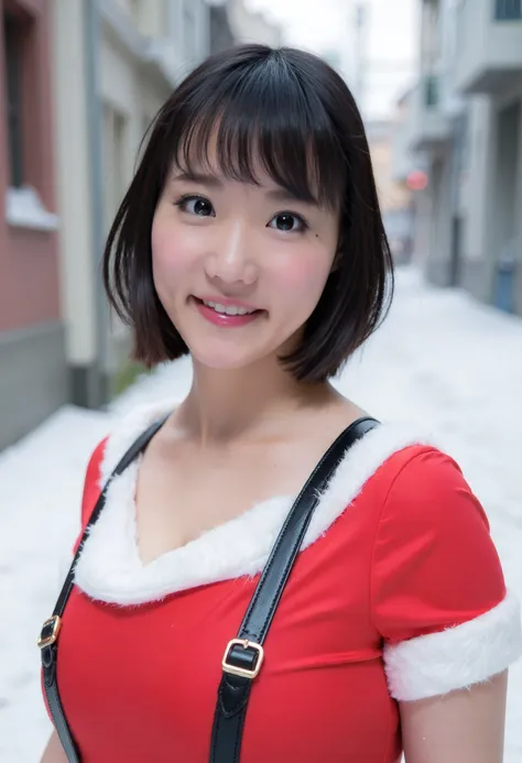 The image is a portrait of ShibuyaKaho woman posing for a photo ,She has short black hair,She is wearing a santa outfit,She is busty.She is outdoors in street in the snow. Upper body photo. She is looking at viewer. Amateur photography.