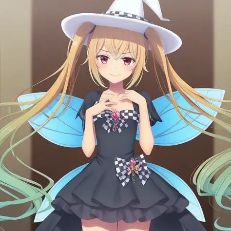 very awa,masterpiece, best quality, good quality,anime coloring,game_cg,1girl,Tinker_Bell_OtogiFrontier,twintails,blonde hair,fairy wings,red eyes,white hat with checkered,sorcererdress,black dress