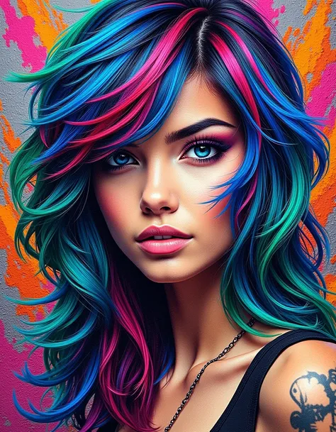 Graffiti Art Style, a women looking straight into the lens , ses cheveux sont  bleu, vert et rouge <lora:HairColors-V1-Lora-0001:1> HairColors, dynamic, dramatic, vibrant colors, graffiti art style