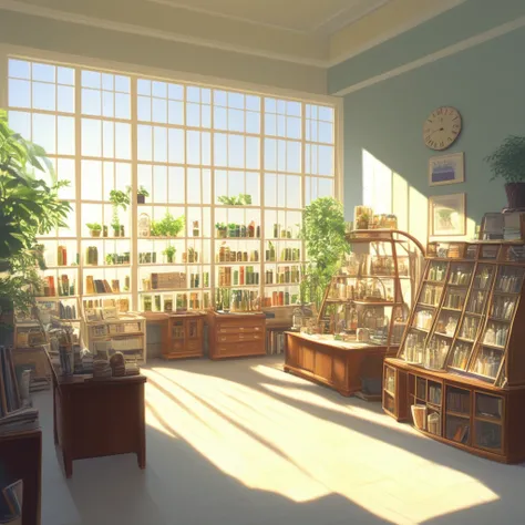 masterpiece, absurdres, best quality, Versabg, no humans, scenery, shelf, plant, clock, window, bottle, potted plant, jar, flower pot, sunlight, book, shadow, chair, shade, vase