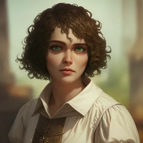 (((detailed, beautiful, high quality))), score_9, score_8_up, score_7_up, upper body, solo,  human, 1 girl, green eyes, short hair, disheveled hair, brown hair, white office shirt, medieval shirt, looking at the viewer, posing, blurred background, fantasy ...