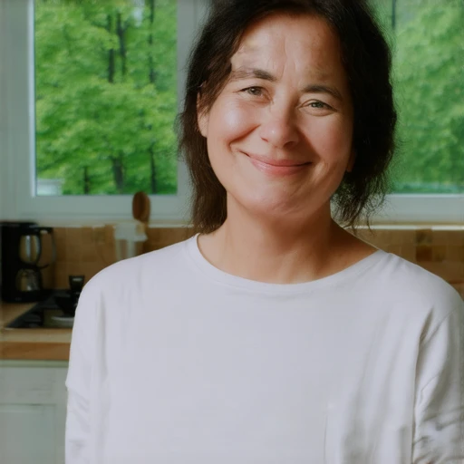 medium shot, overcast lighting, kitchen in the background, neutral expression, medium quality, green trees in the background, looking directly at the camera, photo, high quality photo, close-up, smiling