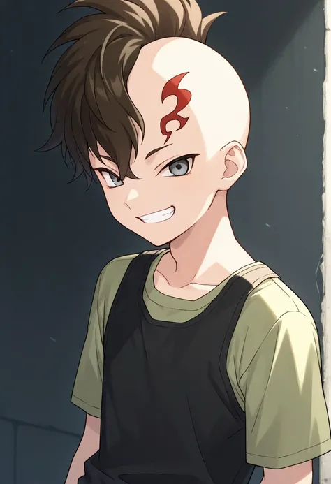 masterpiece, best quality, 
akio, 1boy, male focus, solo, grey eyes, brown hair, mohawk, tattoo, head tattoo,shirt, green shirt, short sleeves, tank top, black tank top, grin
outdoor,