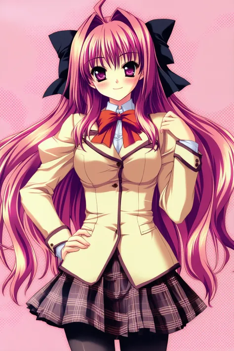 Coathicarte,1girl,solo,pantyhose,long hair,school uniform,skirt,hand on own hips,bow,blush,plaid skirt,long sleeves,plaid,smile,purple eyes,pink hair,hair bow,
<lora:Kannatsuki Noboru_illustriousXL:0.8>,