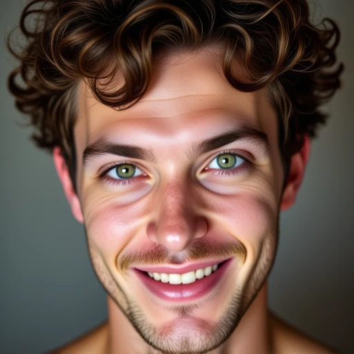 An ultra high resolution, ultra detailed professional photo, 16K RAW close-up portrait photograph of a handsome young man with short, tousled brown curly hair and piercing green eyes. He is smiling.