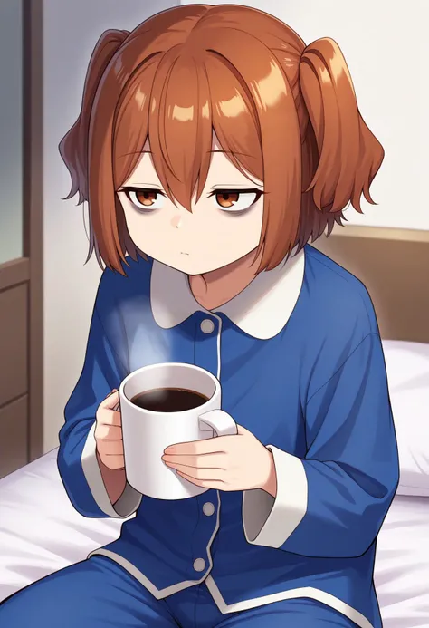 masterpiece, best quality, amazing quality, very aesthetic, absurdres,  indoor, sit, bedroom,
 <lora:Kanne illu:0.7> kanne, 1girl, short hair, two side up brown eyes, brown hair, hair between eyes, tired, looking away, holding coffee mug, bags under eyes, ...