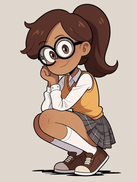 score_9, score_8_up, score_7_up, score_6_up, score_5_up,
medium breasts, brown skin, dark skin, dark-skinned female, brown sweater vest, white shirt, long sleeves, dark grey skirt. pleated skirt, plaid skirt, brown hair, ponytail. thick-framed glasses, bro...